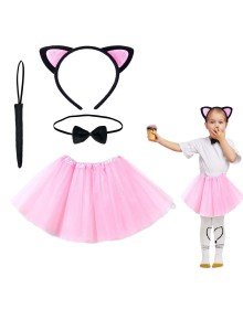 Pink Color Skirt Cat Costume Set (Tutu, Crown, Bow Tie, Tail)