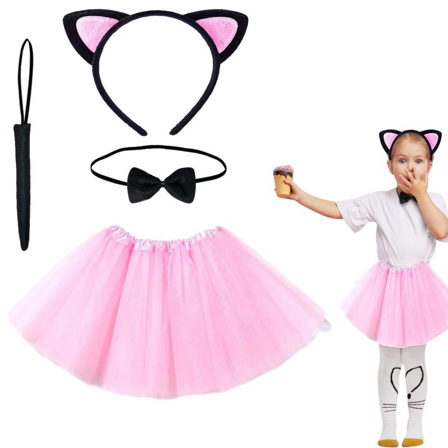 Pink Color Skirt Cat Costume Set (Tutu, Crown, Bow Tie, Tail)