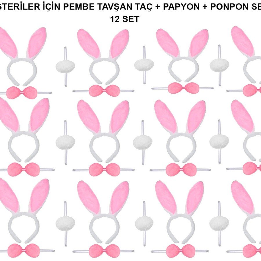 Pink Bunny Costume Set – Crown, Bow Tie, Pompom (Pack of 12)