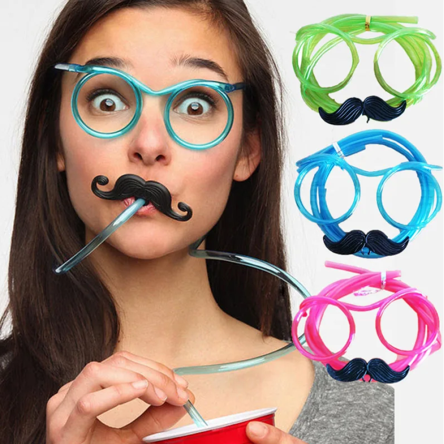 Party Glasses with Straw - Children and Adult Mustache Straw Glasses Pink Color 18x14 cm