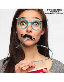 Party Glasses with Straw - Children and Adult Mustache Straw Glasses Blue Color 18x14 cm