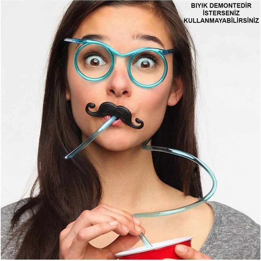 Party Glasses with Straw - Children and Adult Mustache Straw Glasses Blue Color 18x14 cm