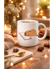 Porcelain Mug with Book Reading Capybara Design MODEL 99 – Cute Design for Enjoying Warm Coffee