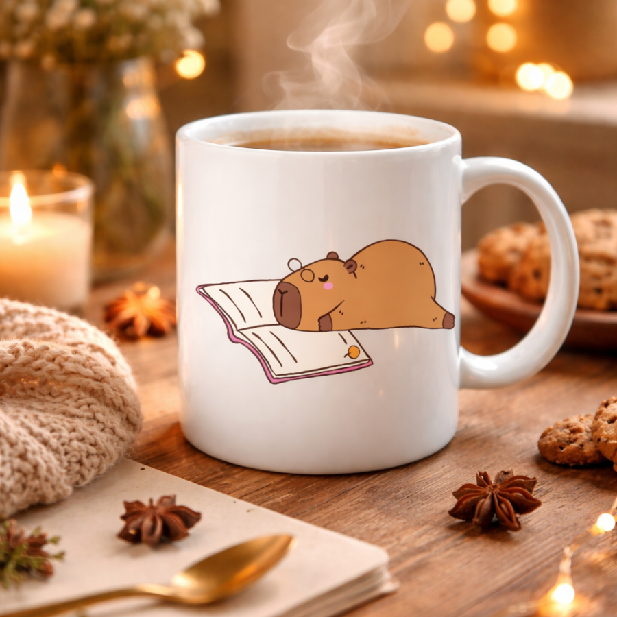 Porcelain Mug with Book Reading Capybara Design MODEL 99 – Cute Design for Enjoying Warm Coffee