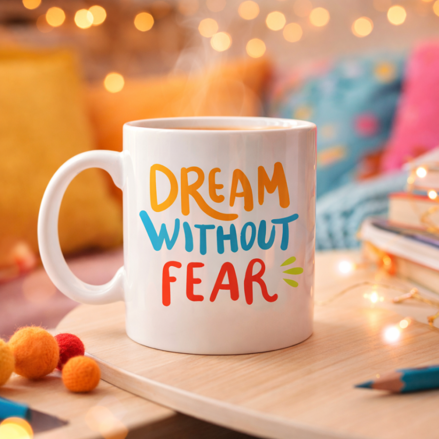Dream Without Fear Written Porcelain Mug MODEL 139 – Motivational Themed, Colorful Design, Coffee & Tea Cup – Gift Option