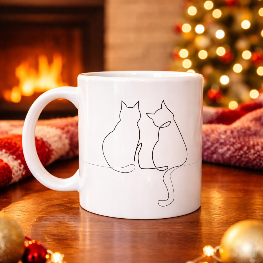 Minimal Drawing Two Cat Patterned Porcelain Mug MODEL 77 – Love Themed Stylish Design, Coffee & Tea Cup