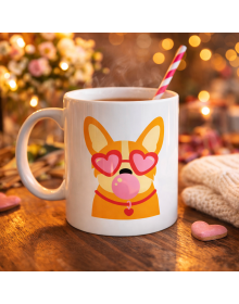 Cute Corgi Patterned Porcelain Mug Model 44 – Dog with Heart and Glasses Design, Fun & Gift Idea