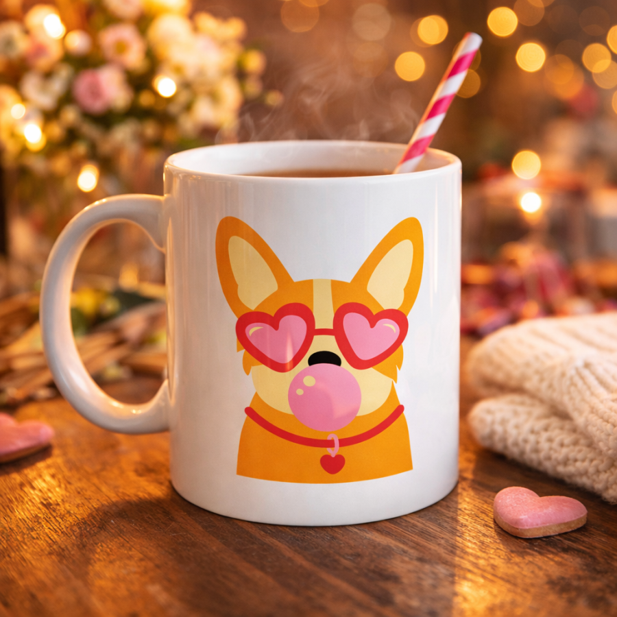 Cute Corgi Patterned Porcelain Mug Model 44 – Dog with Heart and Glasses Design, Fun & Gift Idea