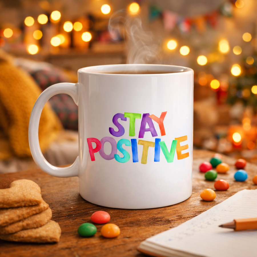 Stay Positive Printed Porcelain Mug MODEL 158 – Coffee Cup with Colorful Motivational Text – Gift Mug with Positive Message