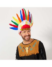Native American Headdress with Colorful Real Feathers and Rubber Attachment