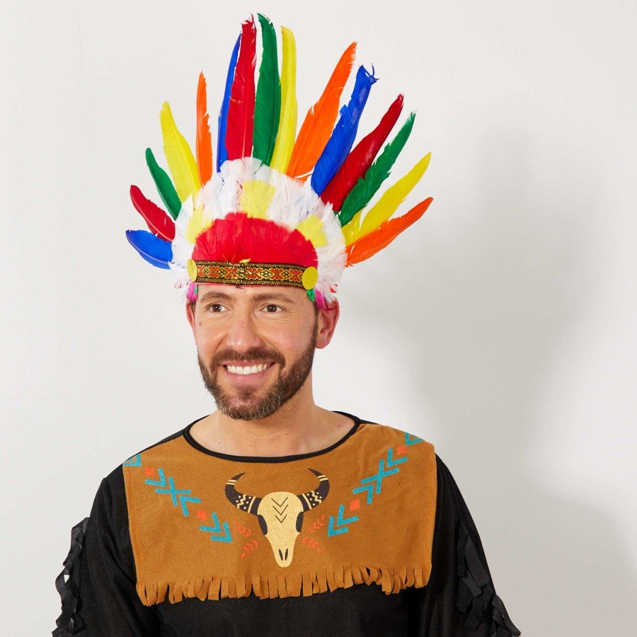 Native American Headdress with Colorful Real Feathers and Rubber Attachment