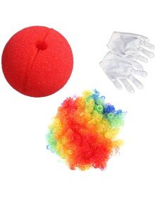 Colorful Clown Wig White Gloves Red Sponge Nose Clown Set 3 Pieces