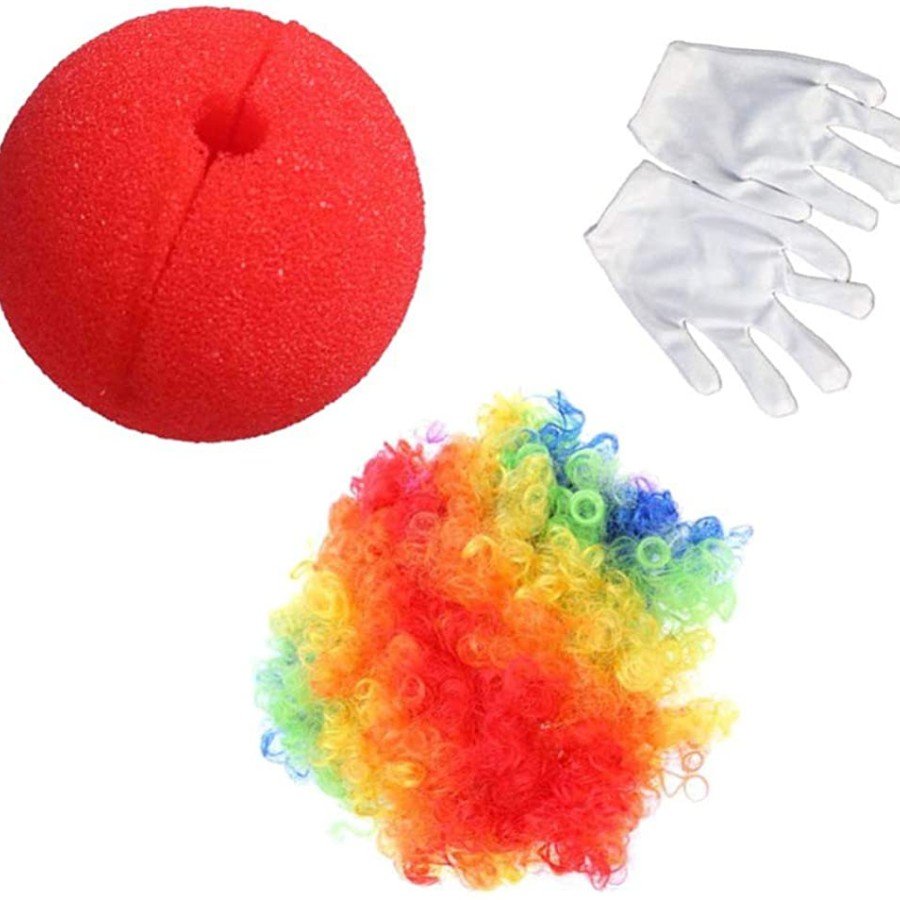 Colorful Clown Wig White Gloves Red Sponge Nose Clown Set 3 Pieces