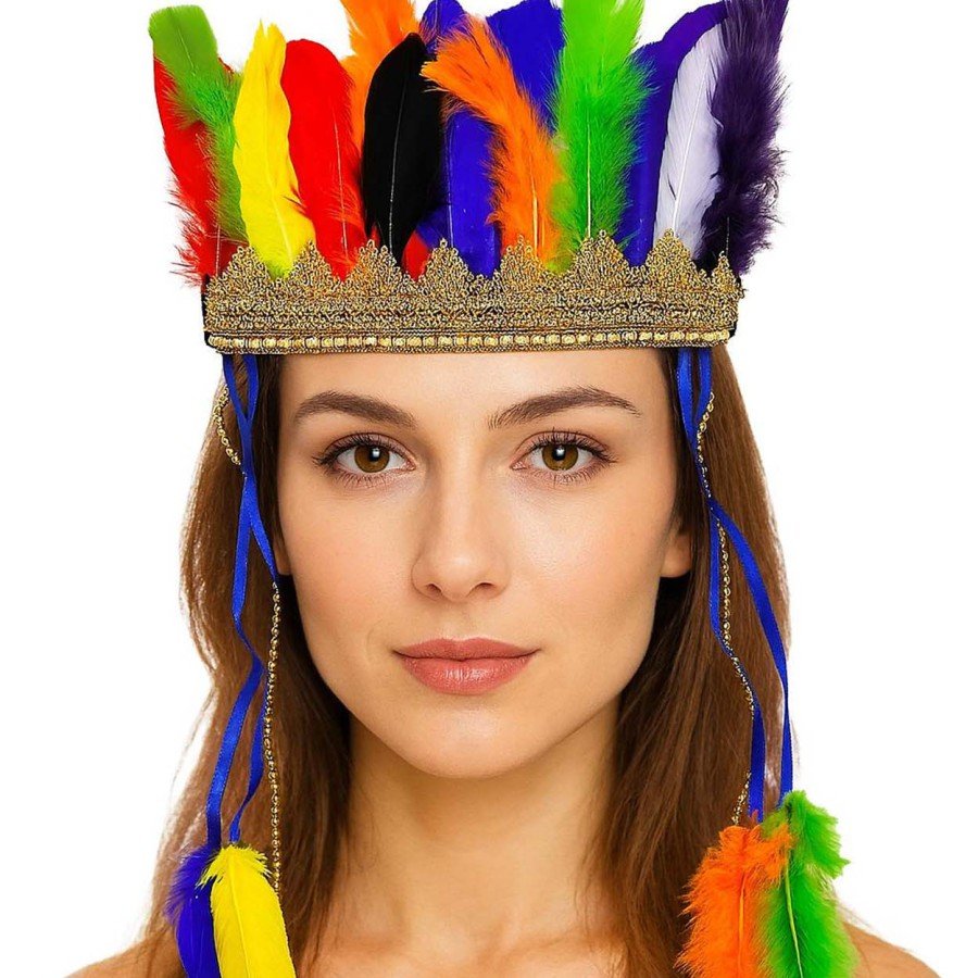Elastic Indian Headdress Embroidered with Colorful Feathers