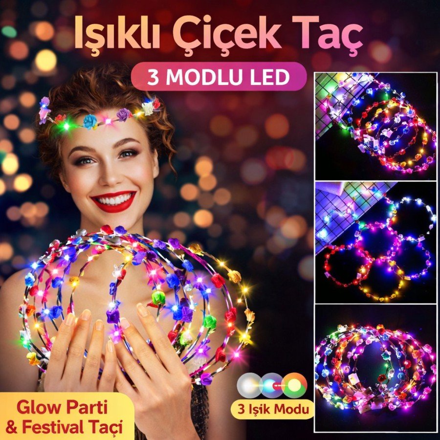 Colorful LED Flower Crown – Glow Party Crown with 3 Light Modes