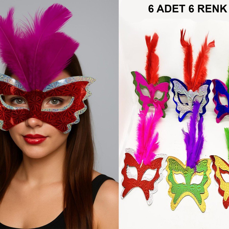 Colorful Party Mask 6 Pieces | Feather Cardboard Mask Set (Elastic)