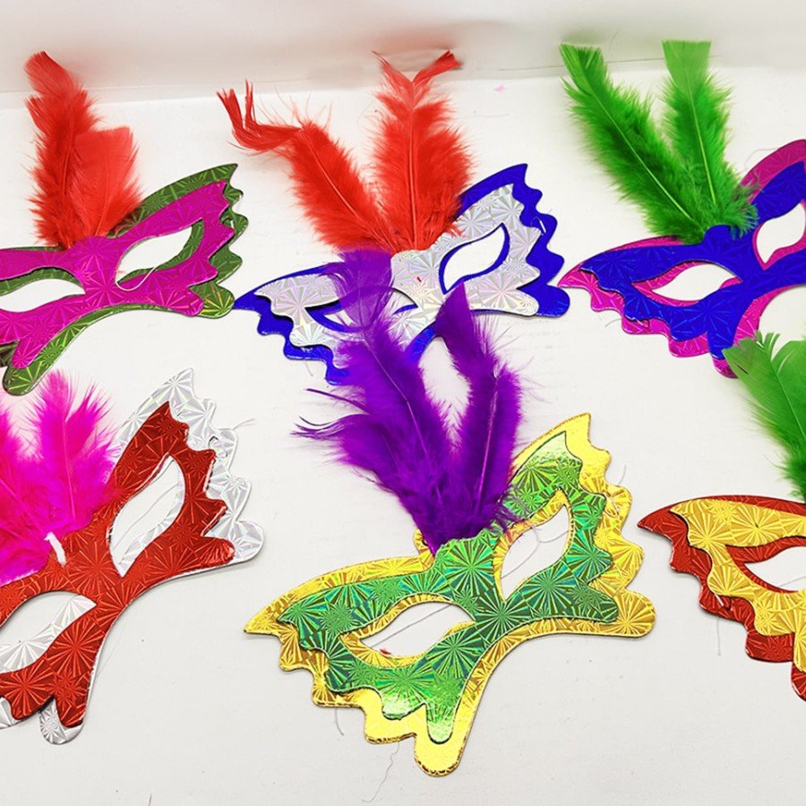Colorful Party Mask 6 Pieces | Feather Cardboard Mask Set (Elastic)
