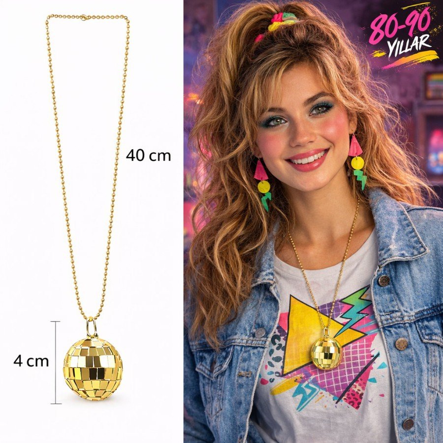 Retro Disco Ball Shaped 80s 90s Gold Color Plastic Necklace