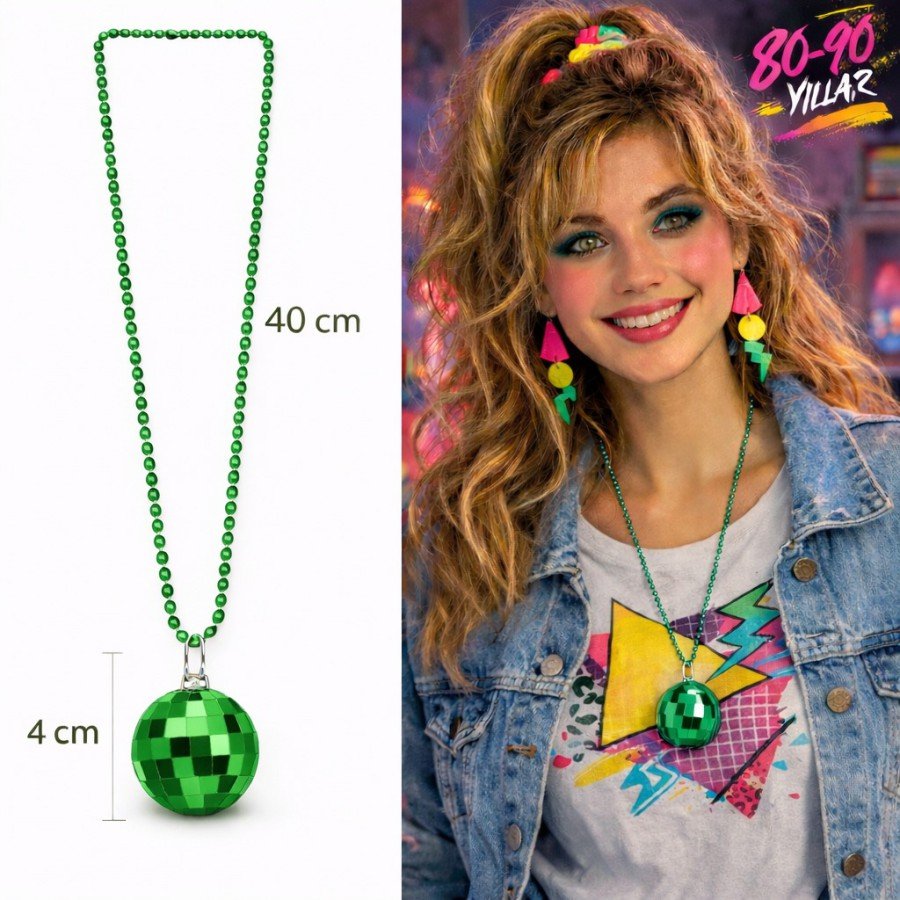 Retro Disco Ball Shaped 80s 90s Green Color Plastic Necklace