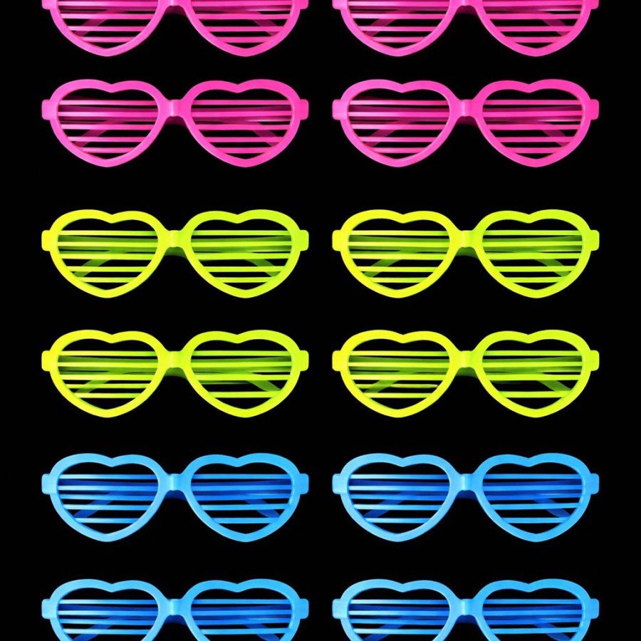 Retro Neon Highlighter Heart Shutter Glasses 12 Pcs – 80s 90s Party Style