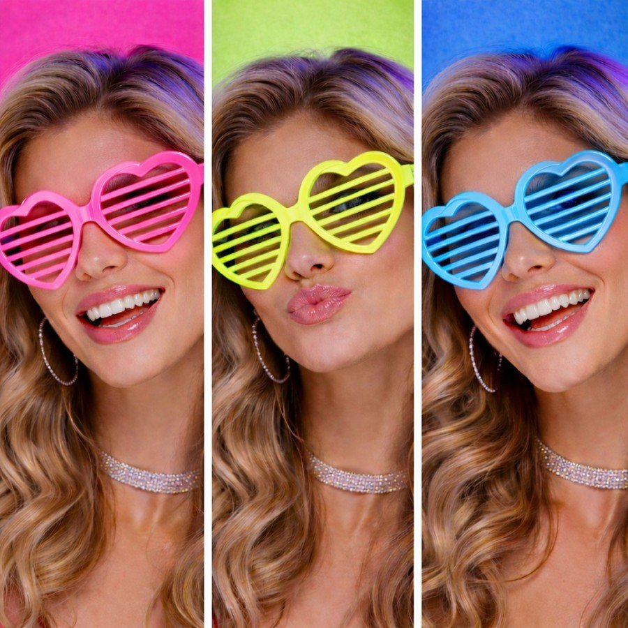 Retro Neon Highlighter Heart Shutter Glasses 12 Pcs – 80s 90s Party Style