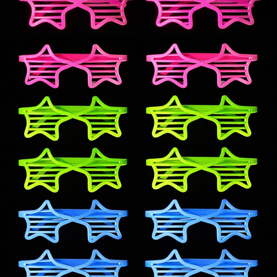 Retro Neon Highlighter Star Shutter Glasses 12 Pieces – 80s 90s Party Style