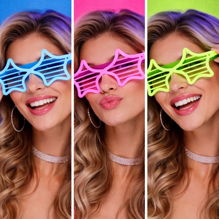 Retro Neon Highlighter Star Shutter Glasses 12 Pieces – 80s 90s Party Style