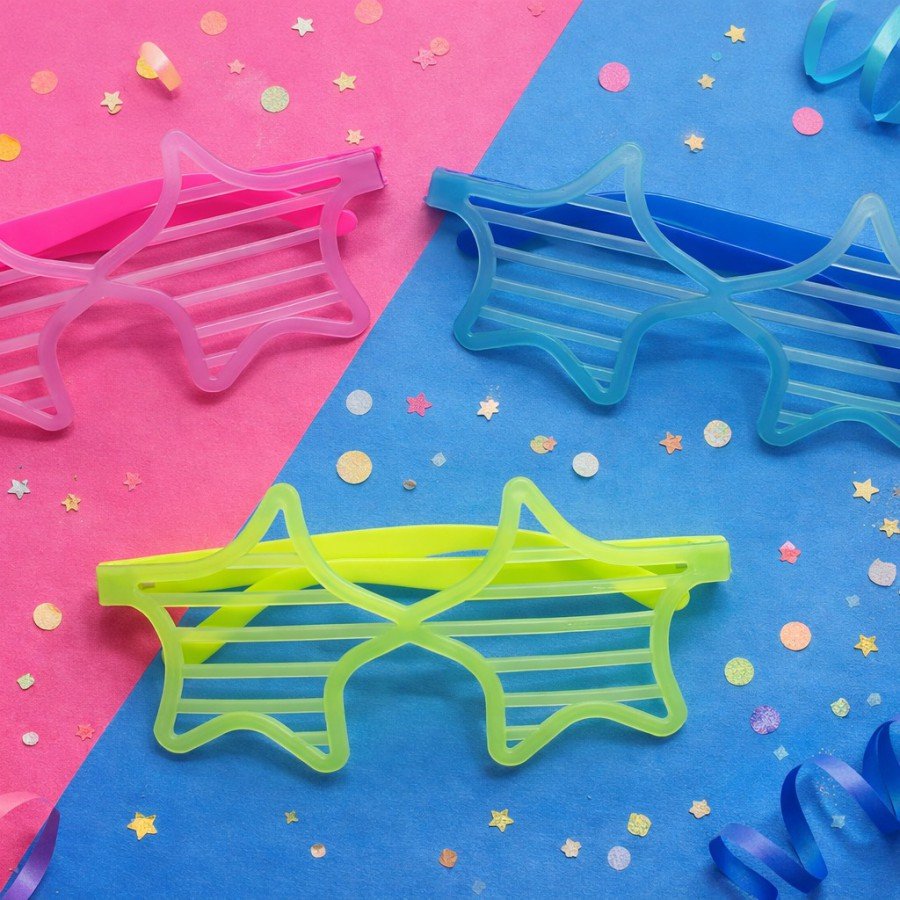 Retro Neon Highlighter Star Shutter Glasses 12 Pieces – 80s 90s Party Style