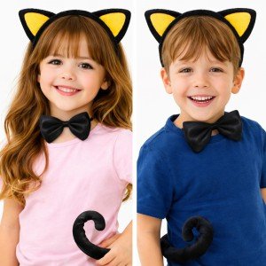 Yellow Eared Cat Costume Set – Crown Bow Tie Tail 3 Pieces