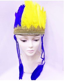Yellow Navy Blue Color Feathered Indian Headdress | Fan Title