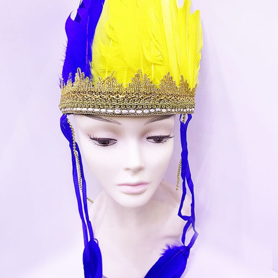Yellow Navy Blue Color Feathered Indian Headdress | Fan Title