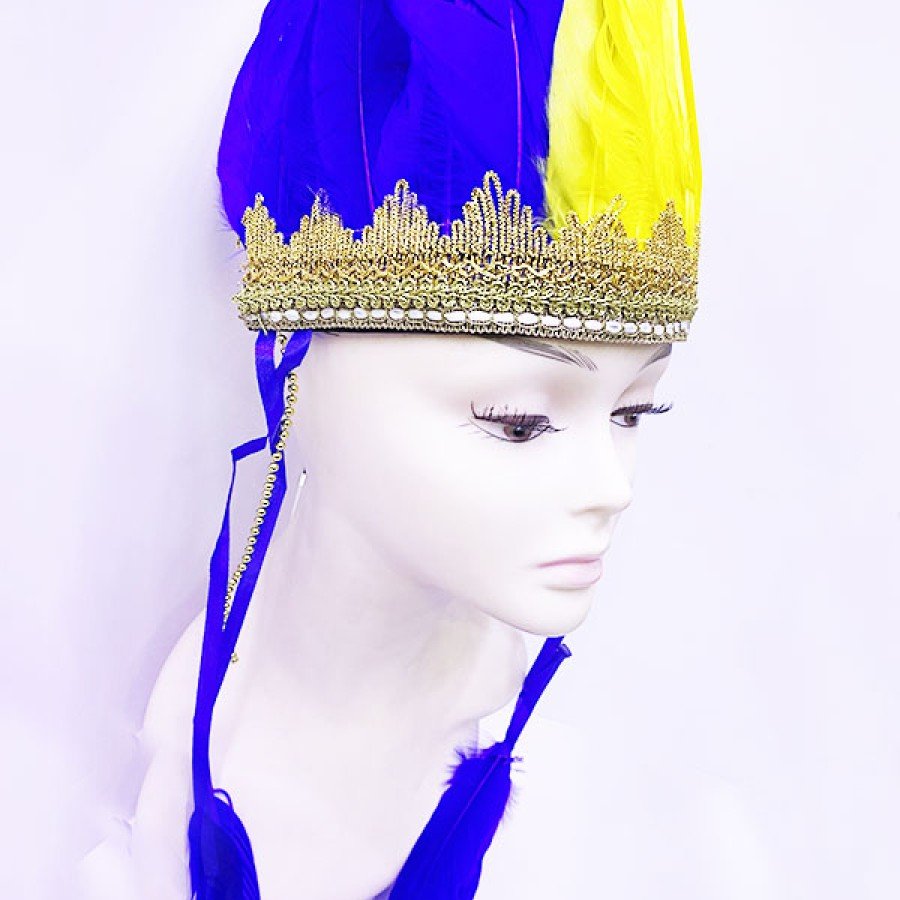 Yellow Navy Blue Color Feathered Indian Headdress | Fan Title
