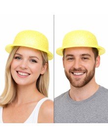 Yellow Glitter Bowler Hat | Thin Plastic Glitter Adult Party Hat