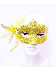 Glitter Embroidered Pearl Bead Detailed Feathered Ball Mask Gold Color 13x18 cm