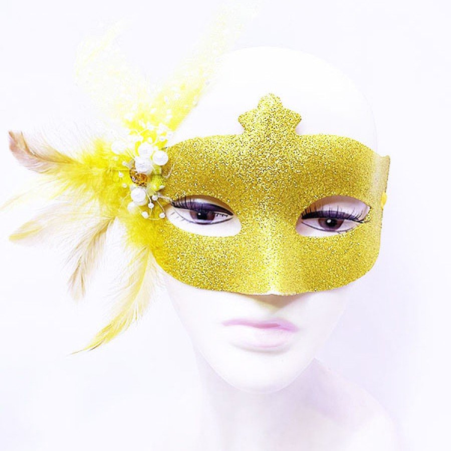 Glitter Embroidered Pearl Bead Detailed Feathered Ball Mask Gold Color 13x18 cm