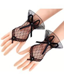 Black Lace Bow Finger Ring Women's Gloves