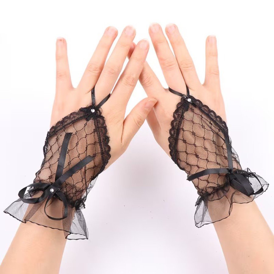 Black Lace Bow Finger Ring Women s Gloves
