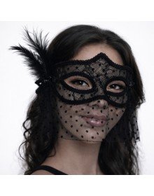 Black Lace Tulle Veil Party Mask - Feathered Pearl Detail