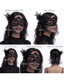 Black Lace Tulle Veil Party Mask - Feathered Pearl Detail