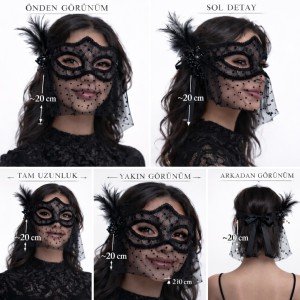 Black Lace Tulle Veil Party Mask - Feathered Pearl Detail