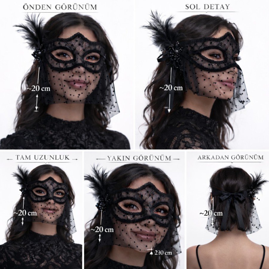 Black Lace Tulle Veil Party Mask - Feathered Pearl Detail Black Lace Tulle Veil Party Mask - Feathered Pearl Detail
