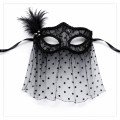 Black Lace Tulle Veil Party Mask - Feathered Pearl Detail Black Lace Tulle Veil Party Mask - Feathered Pearl Detail