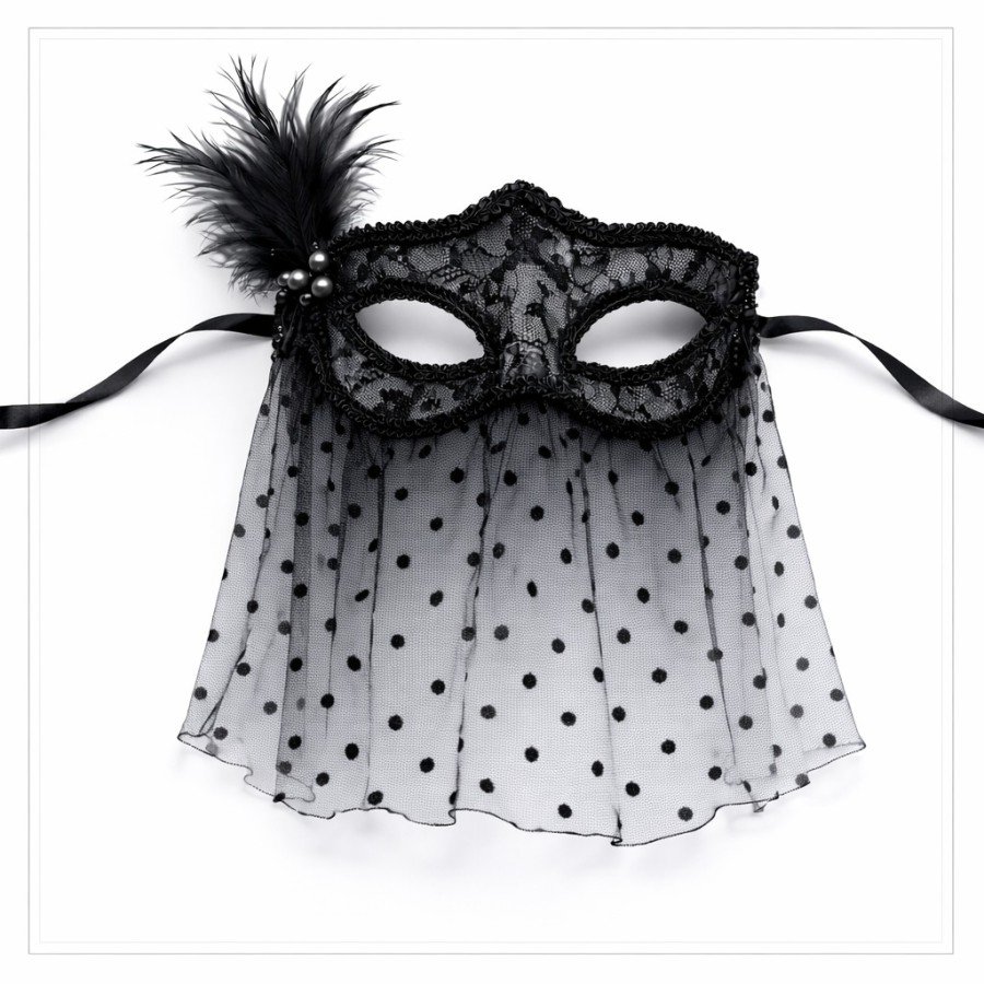 Black Lace Tulle Veil Party Mask - Feathered Pearl Detail Black Lace Tulle Veil Party Mask - Feathered Pearl Detail