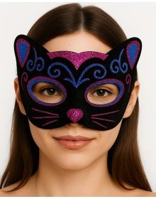 Black Velvet Covered Pink Blue Glitter Embroidered Cat Mask 20x13 cm