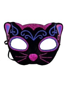 Black Velvet Covered Pink Blue Glitter Embroidered Cat Mask 20x13 cm