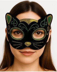 Black Velvet Covered Cat Mask with Yellow and Green Glitter Embroidery 20x13 cm