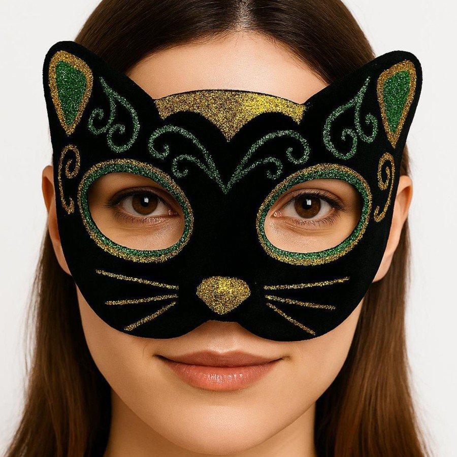 Black Velvet Covered Cat Mask with Yellow and Green Glitter Embroidery 20x13 cm Black Velvet Covered Cat Mask with Yellow and Green Glitter Embroidery 20x13 cm