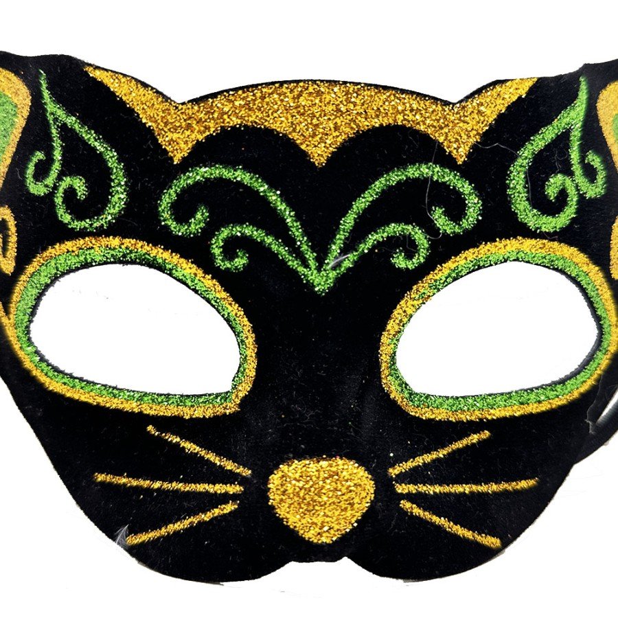 Black Velvet Covered Cat Mask with Yellow and Green Glitter Embroidery 20x13 cm Black Velvet Covered Cat Mask with Yellow and Green Glitter Embroidery 20x13 cm