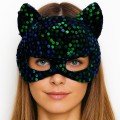 Blue Green Sequined Sequin Party Mask on Black Velvet Fabric 16x14 cm