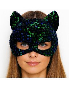 Blue Green Sequined Sequin Party Mask on Black Velvet Fabric 16x14 cm